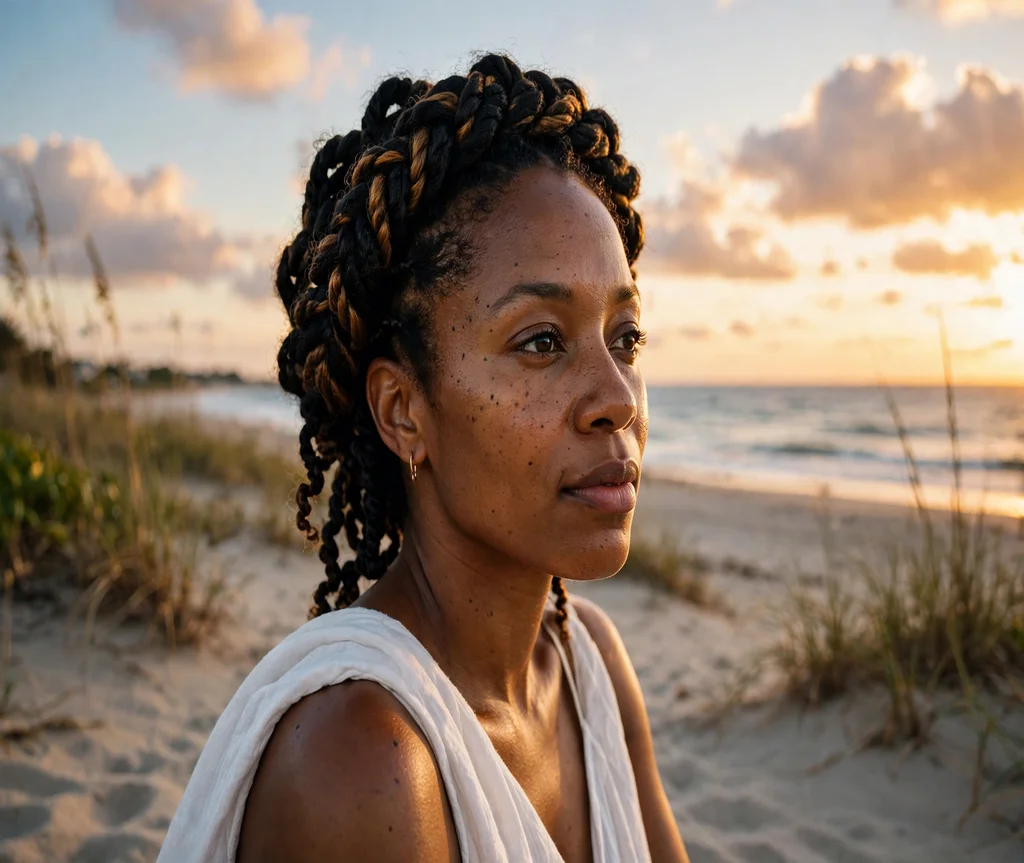 Black woman with a crown braid with passion twists on a beach at sunset