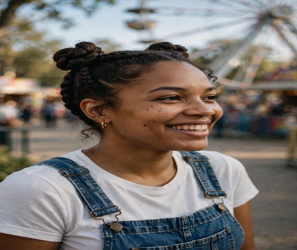 Black woman with a double braided bun updo at an amusement park