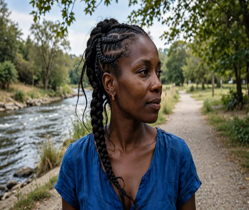 Black woman with a braided updo with a fishtail accent on a riverside walk