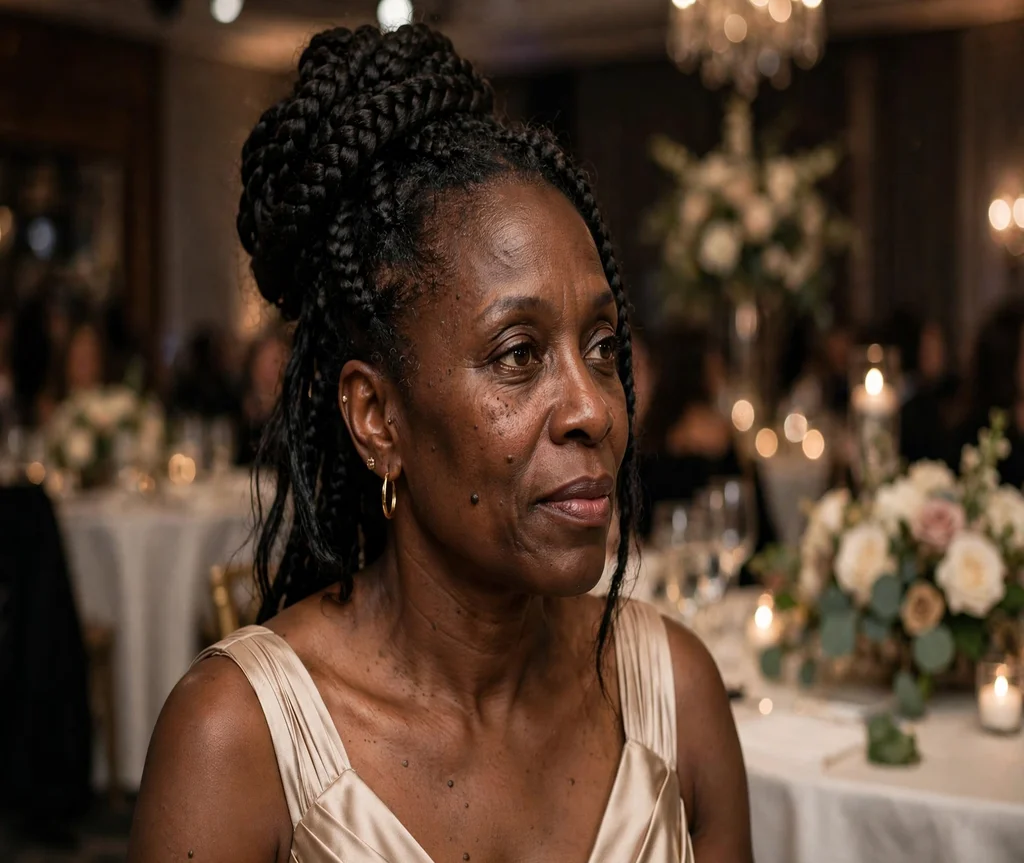 Black woman with a high braided chignon for a formal event at a charity gala