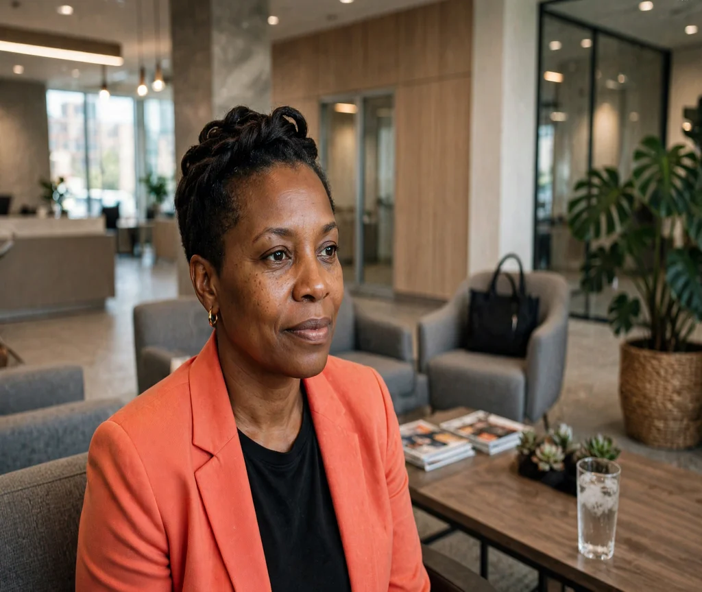 Black woman with a twisted crown updo for short natural hair in an office lobby