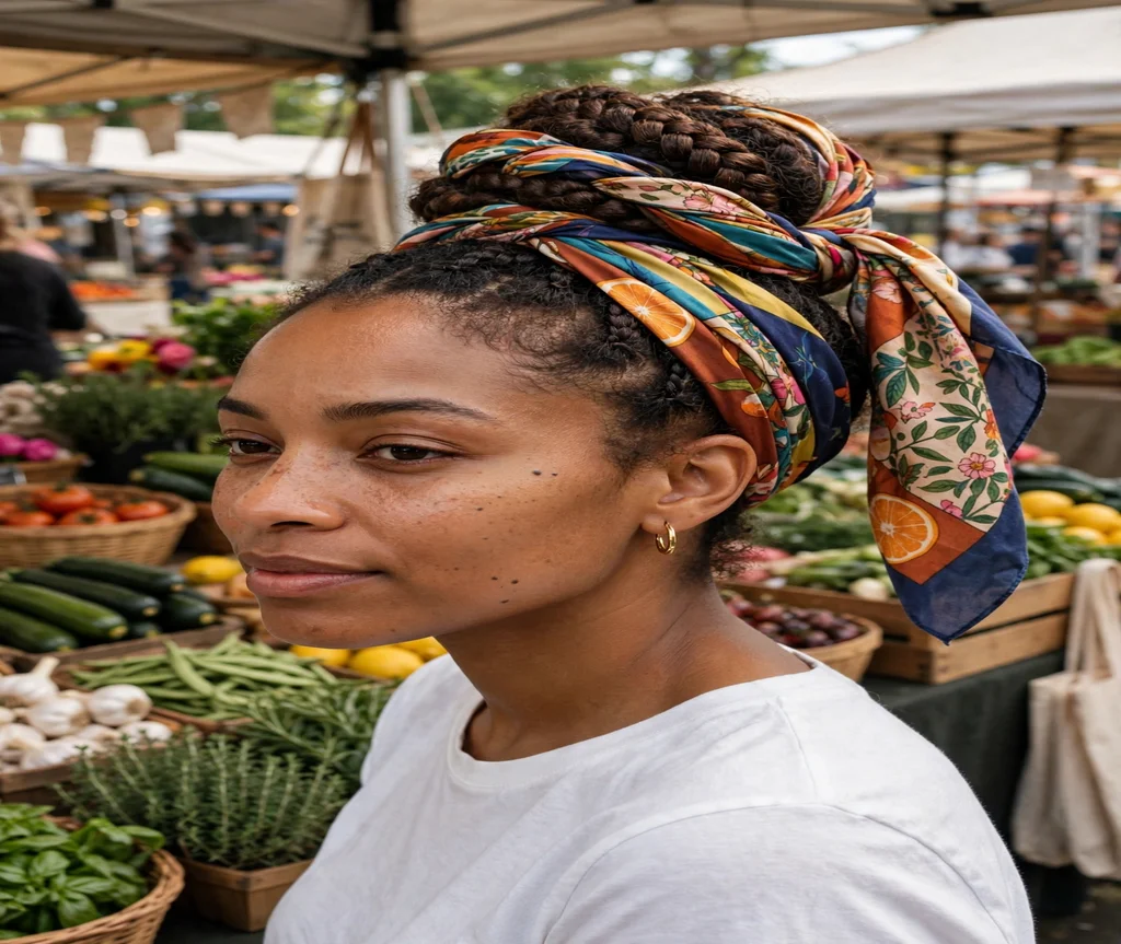 Black woman with a braided updo with a silk scarf wrap at a farmers market