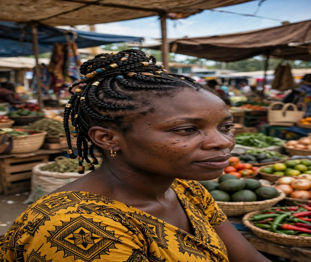 Black woman with a Fulani braid updo with a center knot at an outdoor market