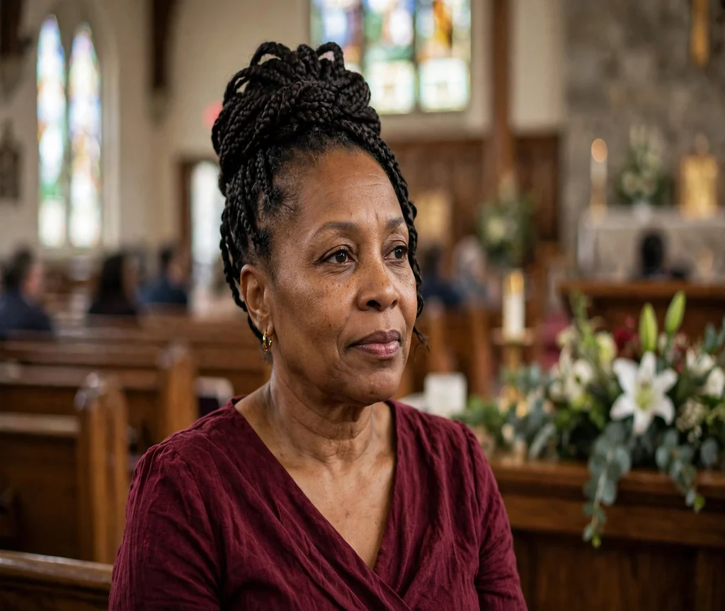 Black woman with a braided bouffant updo at a church service