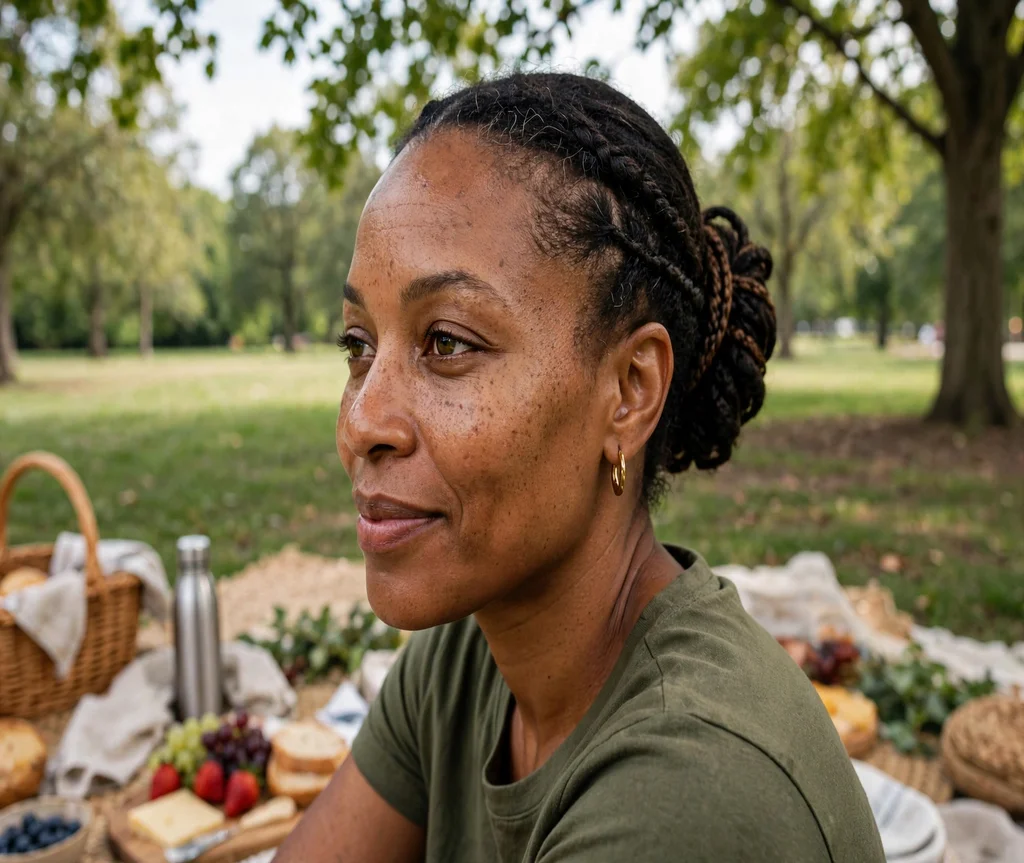 Black woman with a low twisted bun with braided accents at a park picnic