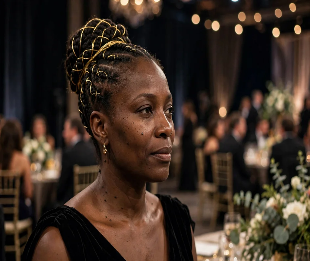 Black woman with a braided updo with gold thread wrapping at an award ceremony