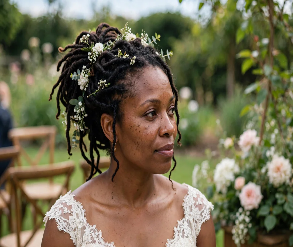 Black woman with an elegant loc updo for brides at a garden wedding