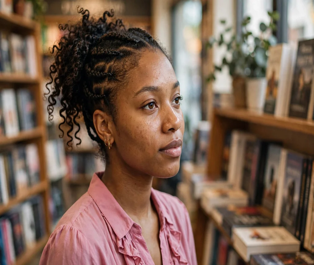 Black woman with a side braided updo with curly ends in a bookstore