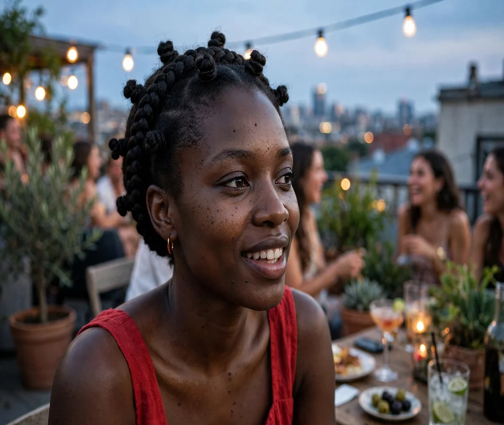 Black woman with a braided crown with bantu knot accents at a rooftop party