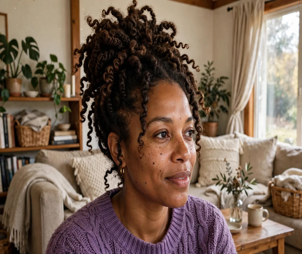 Black woman with a high voluminous twisted updo in a cozy living room