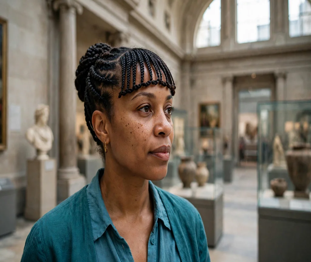 Black woman with a braided updo with a braided fringe in a museum hall