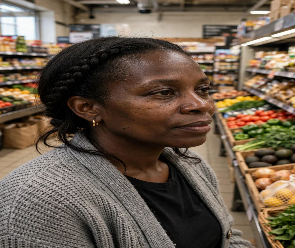 Black woman with an everyday low halo braid in a grocery store
