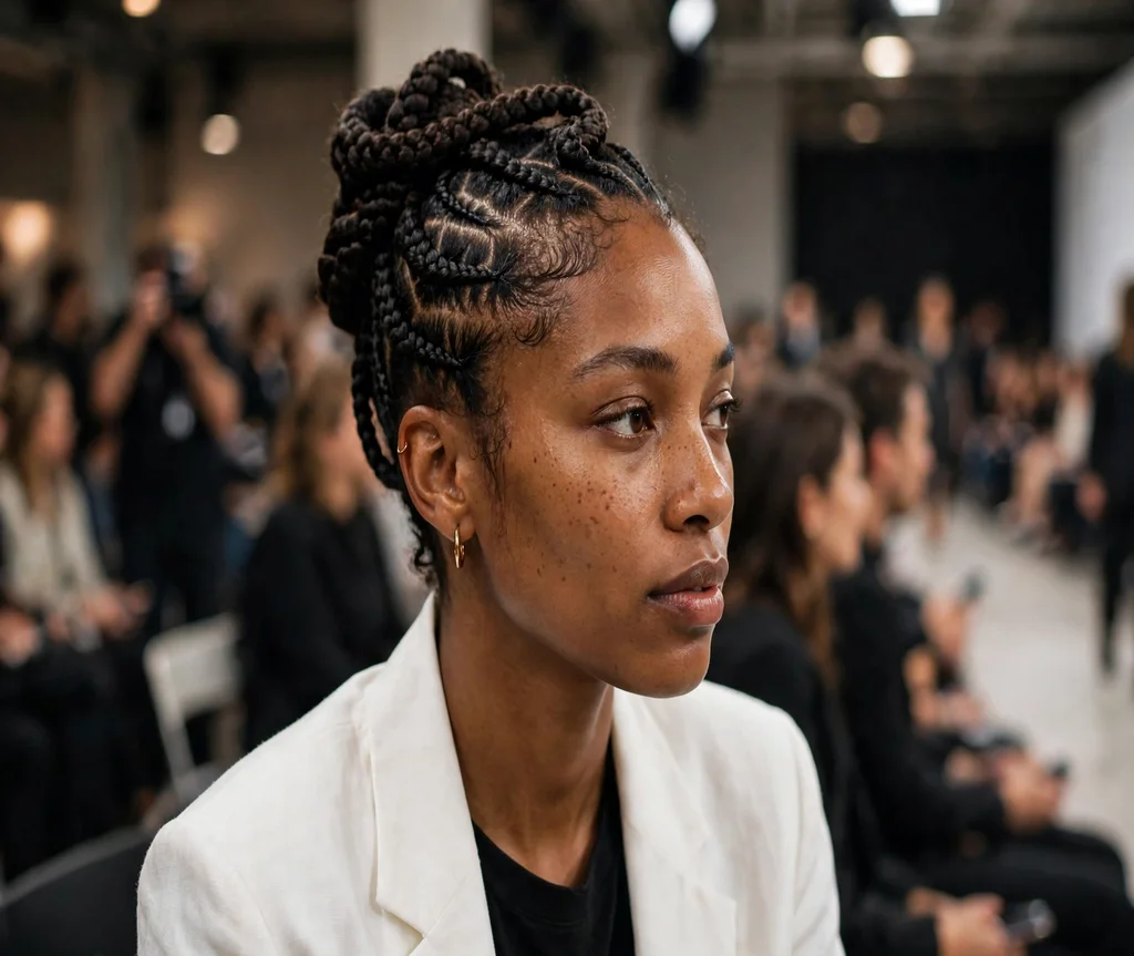 Black woman with a stitch-braid braided updo at a fashion show