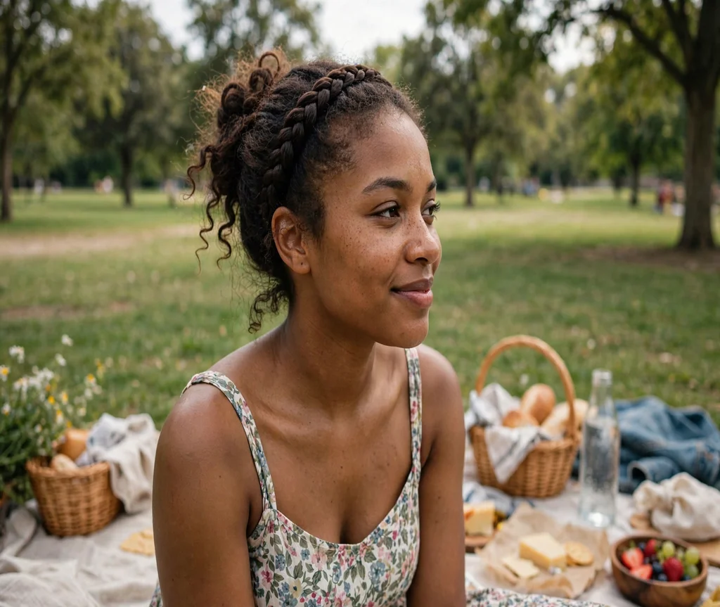 Black woman with a headband braid twisted updo at a park picnic