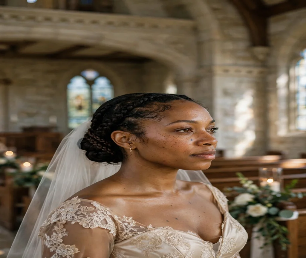 Black woman with a veil-friendly braided bridal updo in a wedding chapel