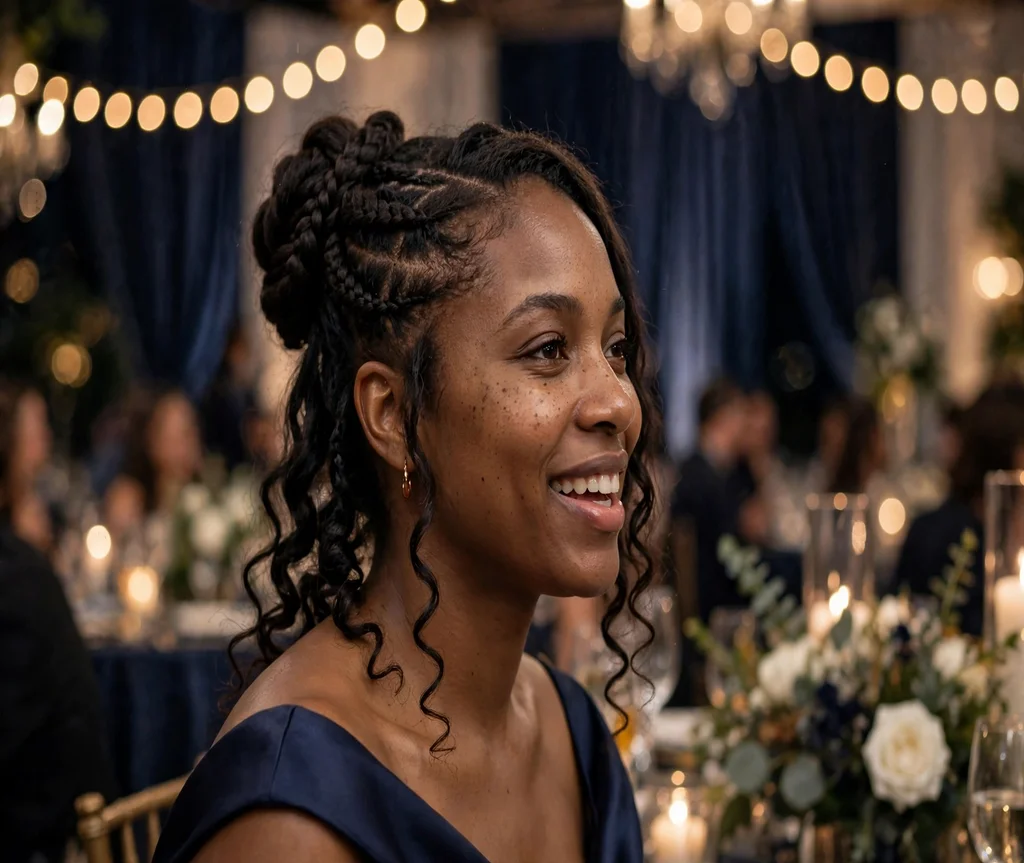 Black woman with a braided updo with cascading curls at an evening gala