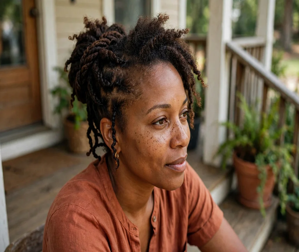 Black woman with a twist-out crown braided updo on a home porch