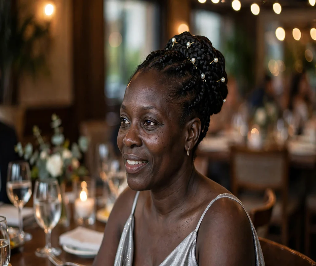 Black woman with a braided updo with pearl pins at an anniversary dinner