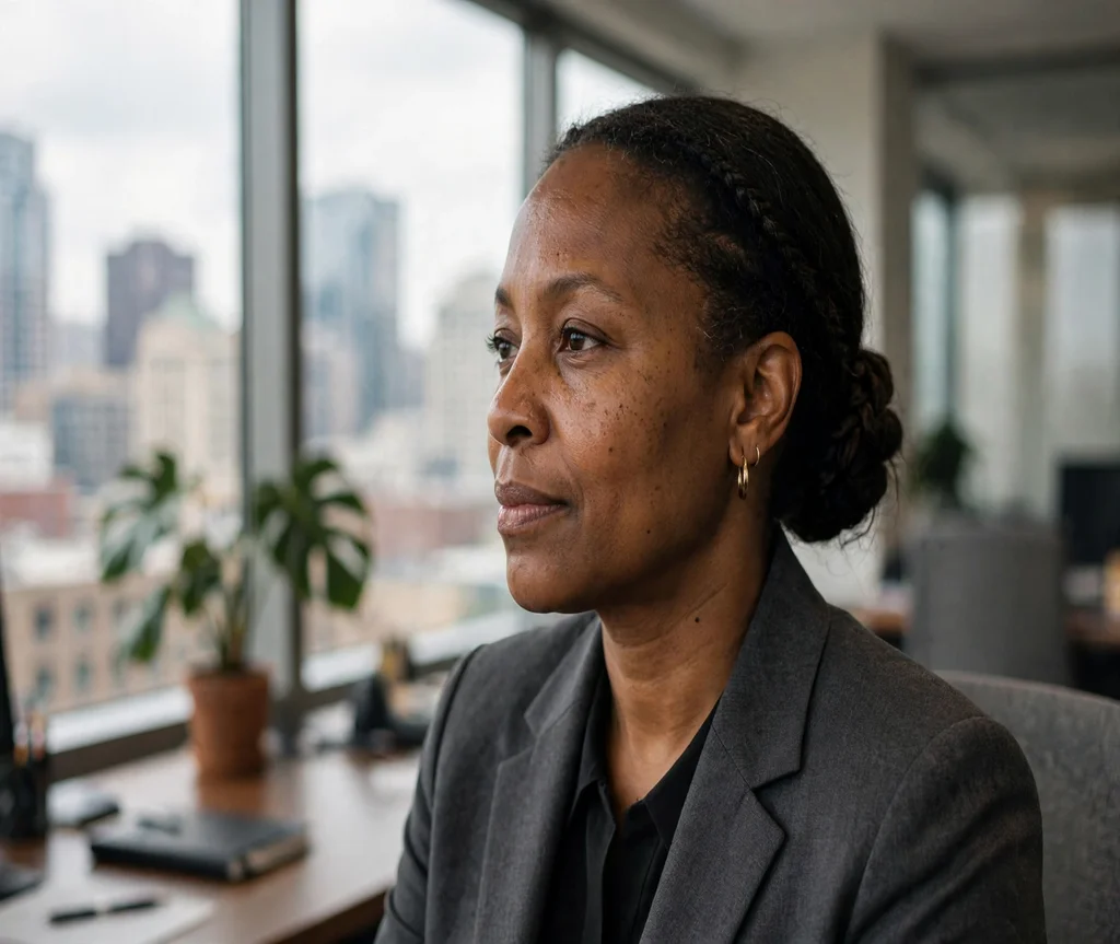 Black woman with a polished low braided bun for work in a downtown office