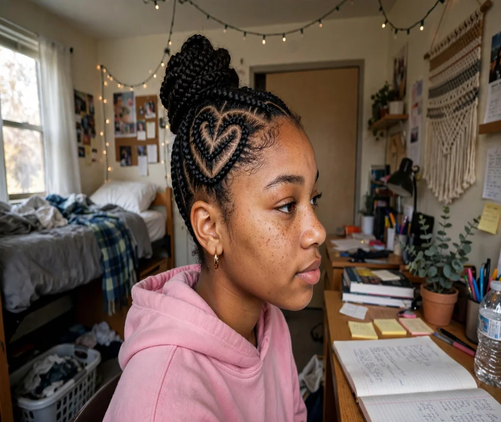 Black woman with a cornrow heart-design braided updo in a college dorm