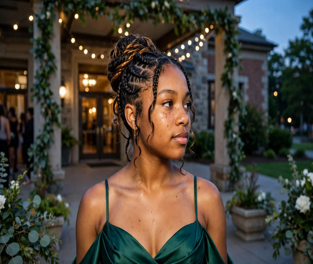 Black woman with a braided updo for prom night at a prom venue entrance