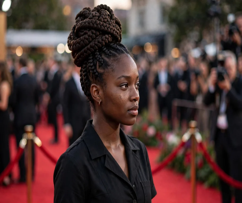 Black woman with an extra-long braided bun updo at a red carpet event