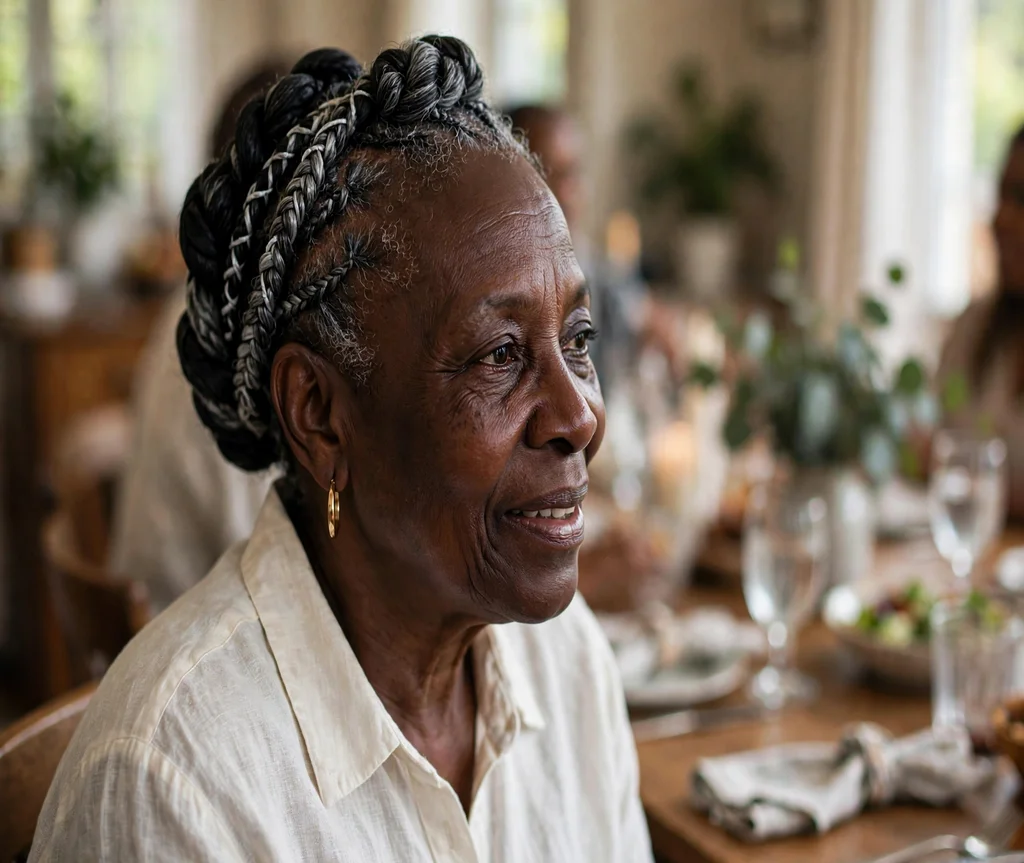 Black woman with a sleek braided rolls updo at a family gathering