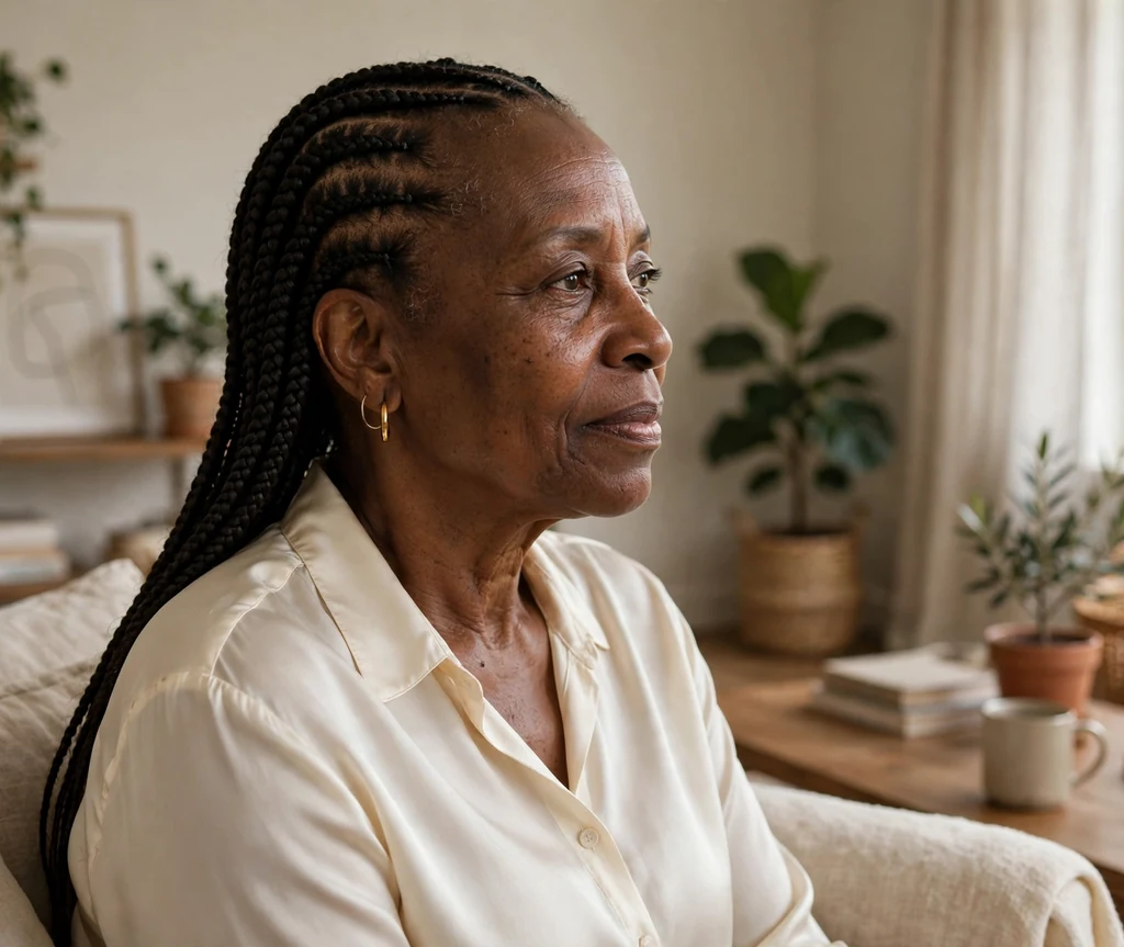 Black woman over 50 with classic knotless box braids in a living room