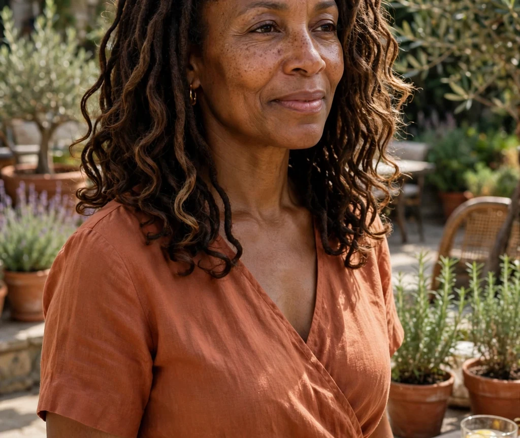 Black woman in her 50s with shoulder-length goddess locs on a patio