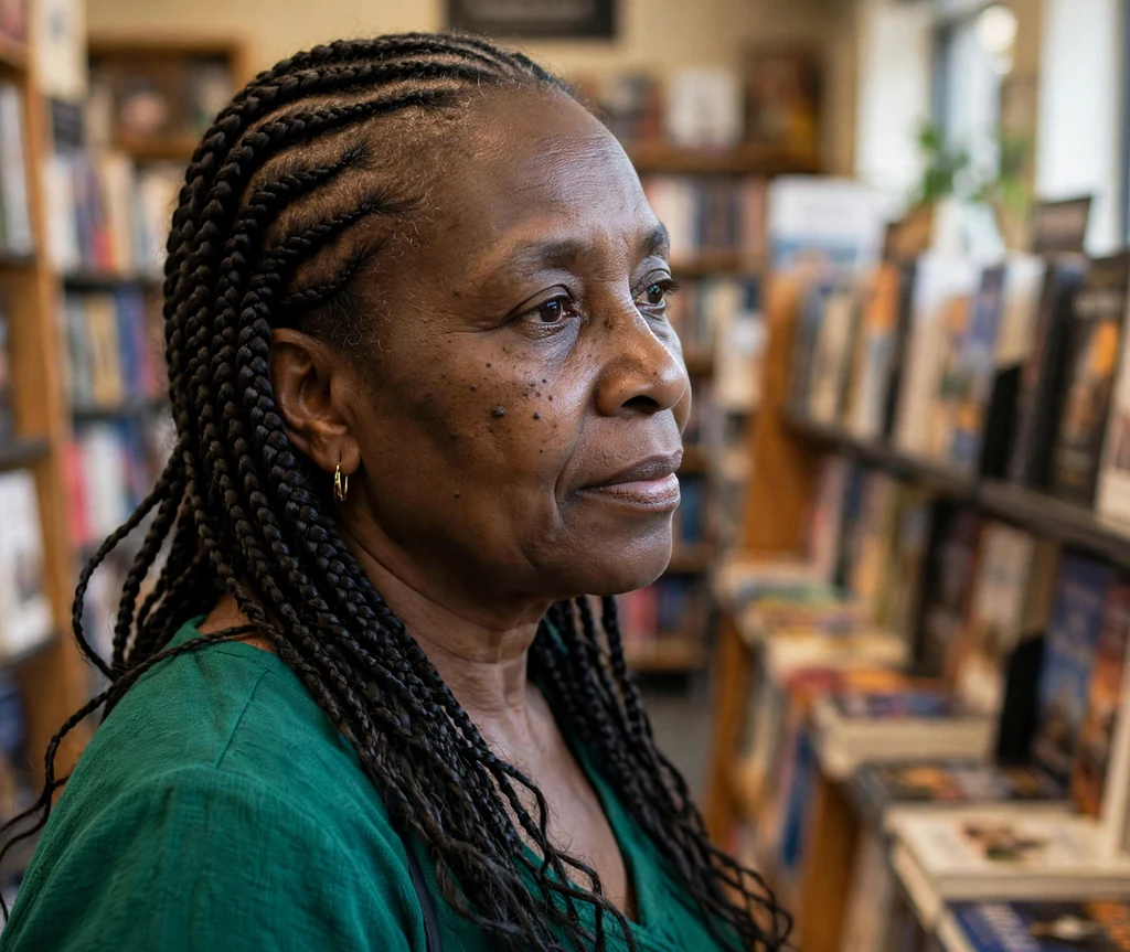 Black woman over 50 with side-swept feed-in cornrows in a bookstore
