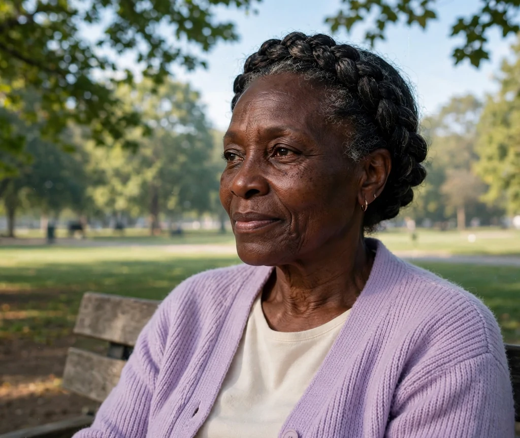 Older Black woman with an elegant French braid crown on a park bench