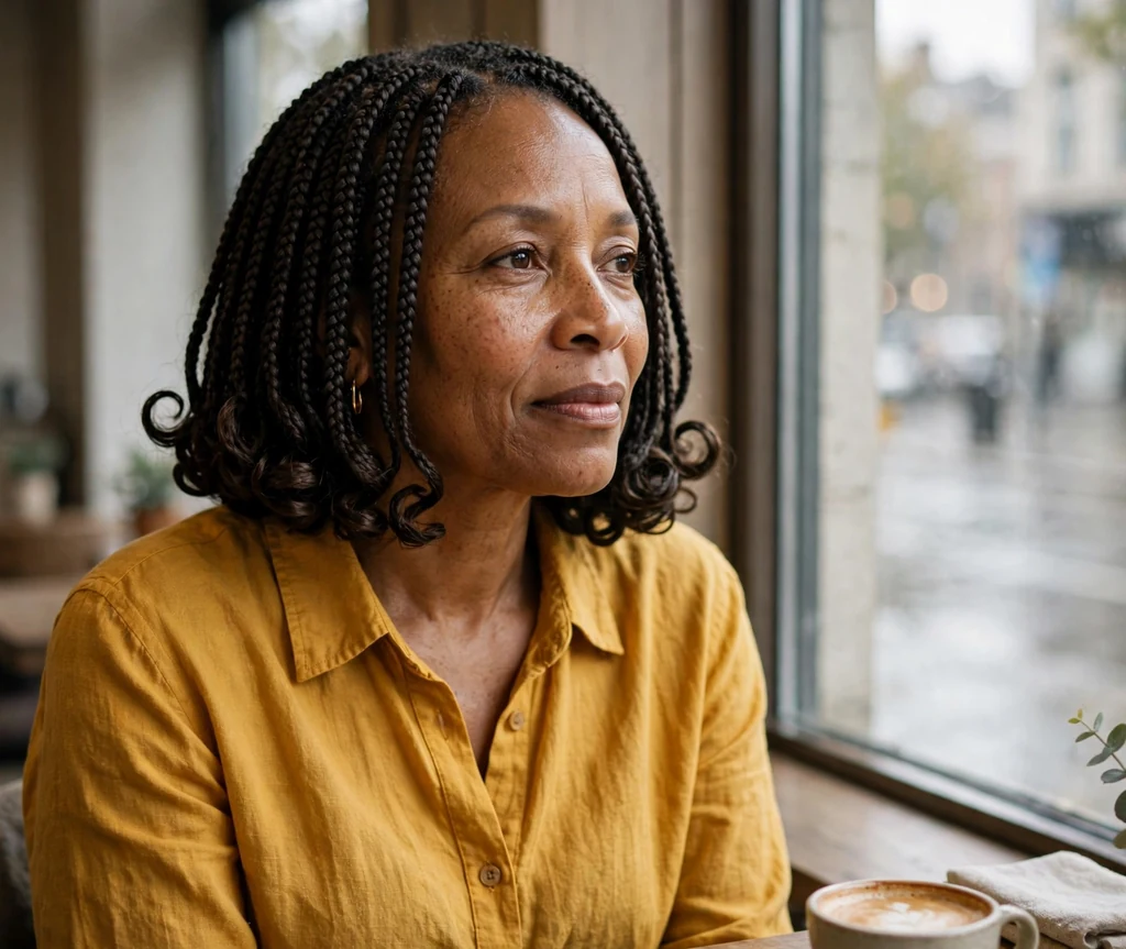 Black woman in her 50s with bob-length box braids at a cafe