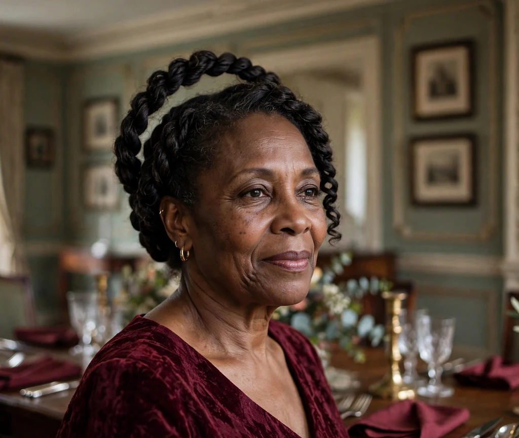 Black woman over 50 with a twisted halo updo in a dining room