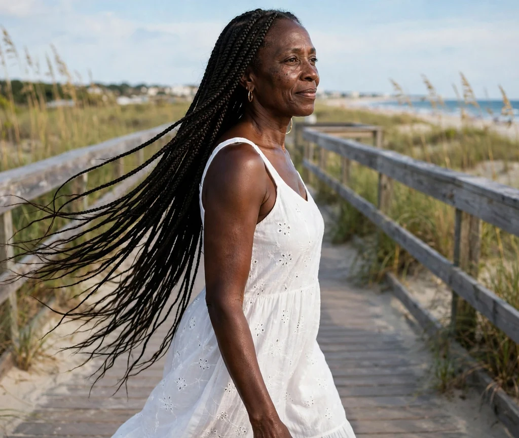 Black woman in her 50s with long flowing knotless braids on a boardwalk