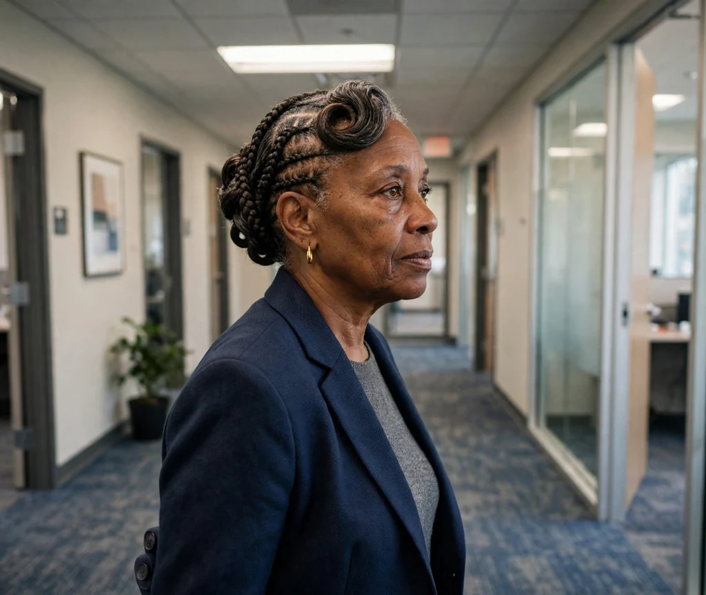 Older Black woman with a graceful braided French roll in an office