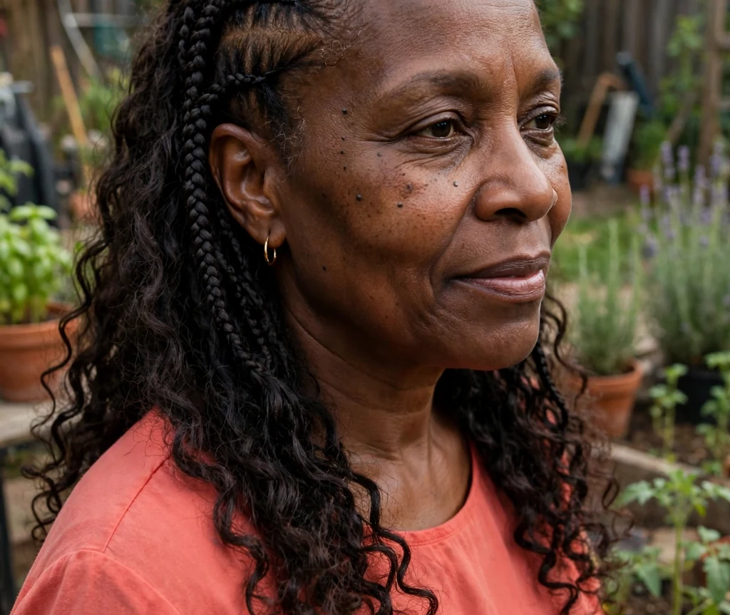 Black woman in her 50s with feed-in cornrows and loose curls in a garden
