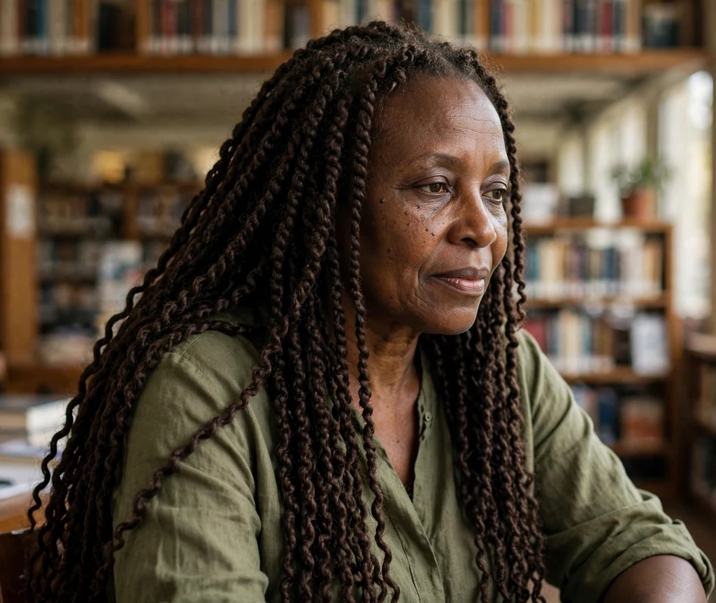 Black woman over 50 with sophisticated Senegalese twists in a library