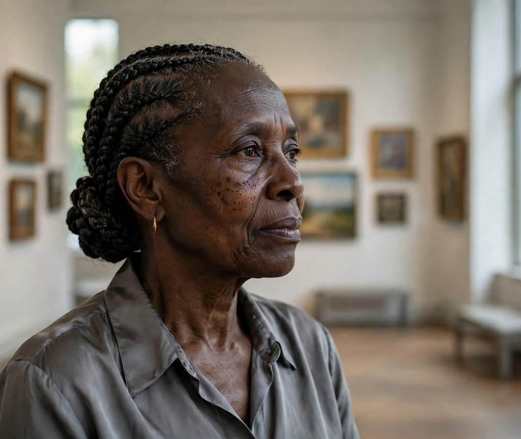 Older Black woman with a braided low chignon at an art gallery