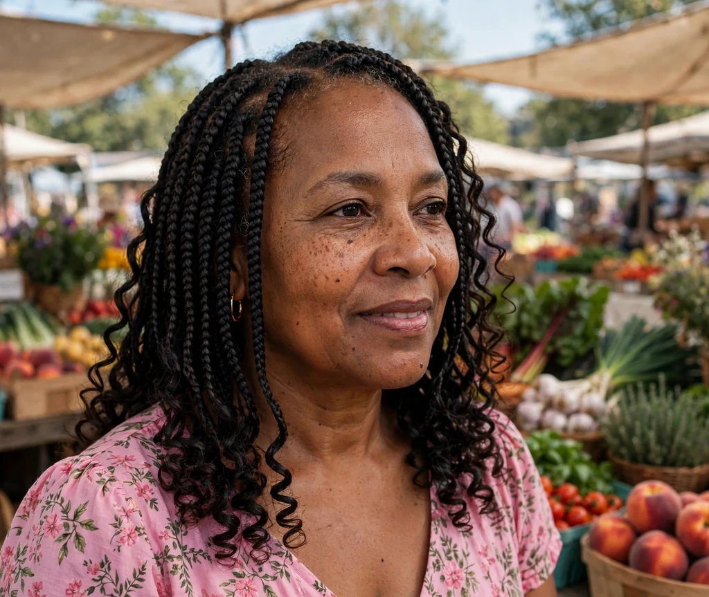 Black woman in her 50s with curly-end box braids at a farmers market