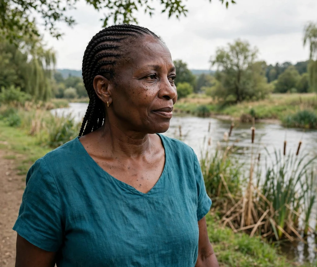 Black woman over 50 with elegant Ghana braids on a riverside walk