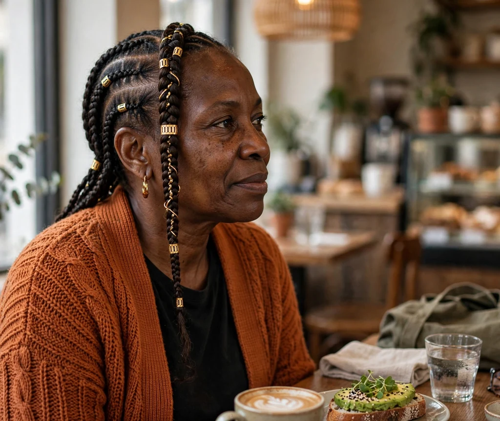 Black woman in her 50s with side-part Fulani braids at a coffee shop