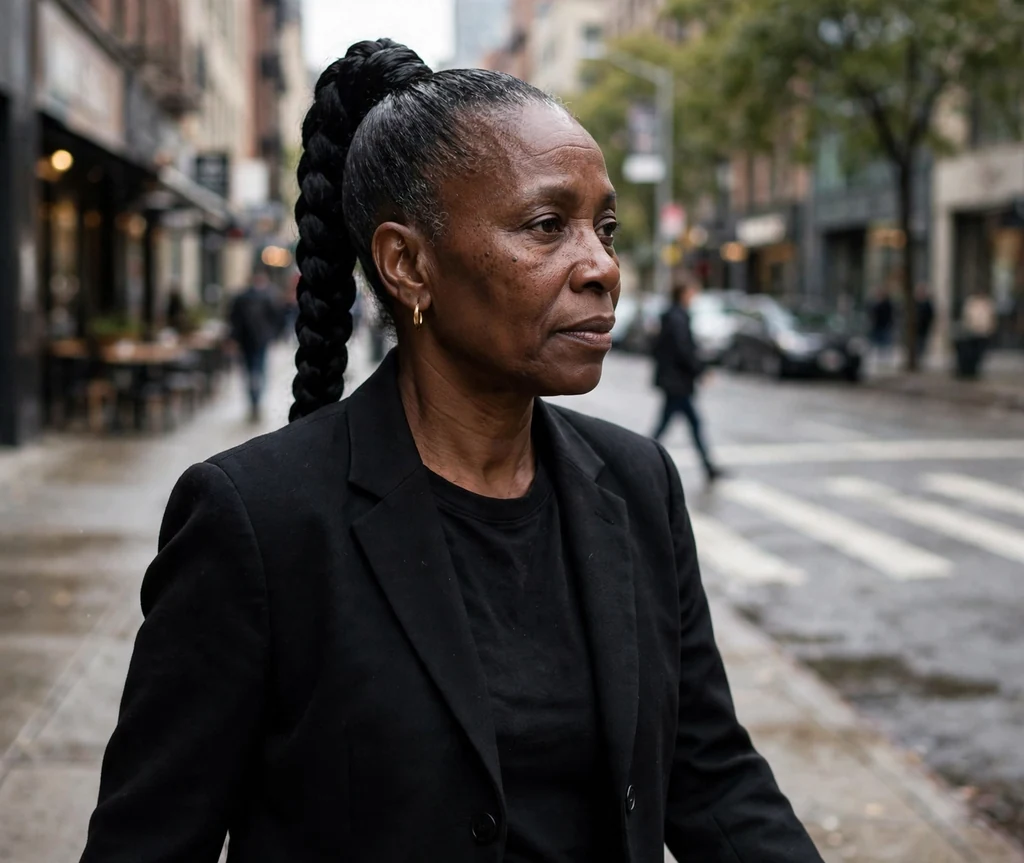 Black woman in her 50s with a sleek braided ponytail on a city street