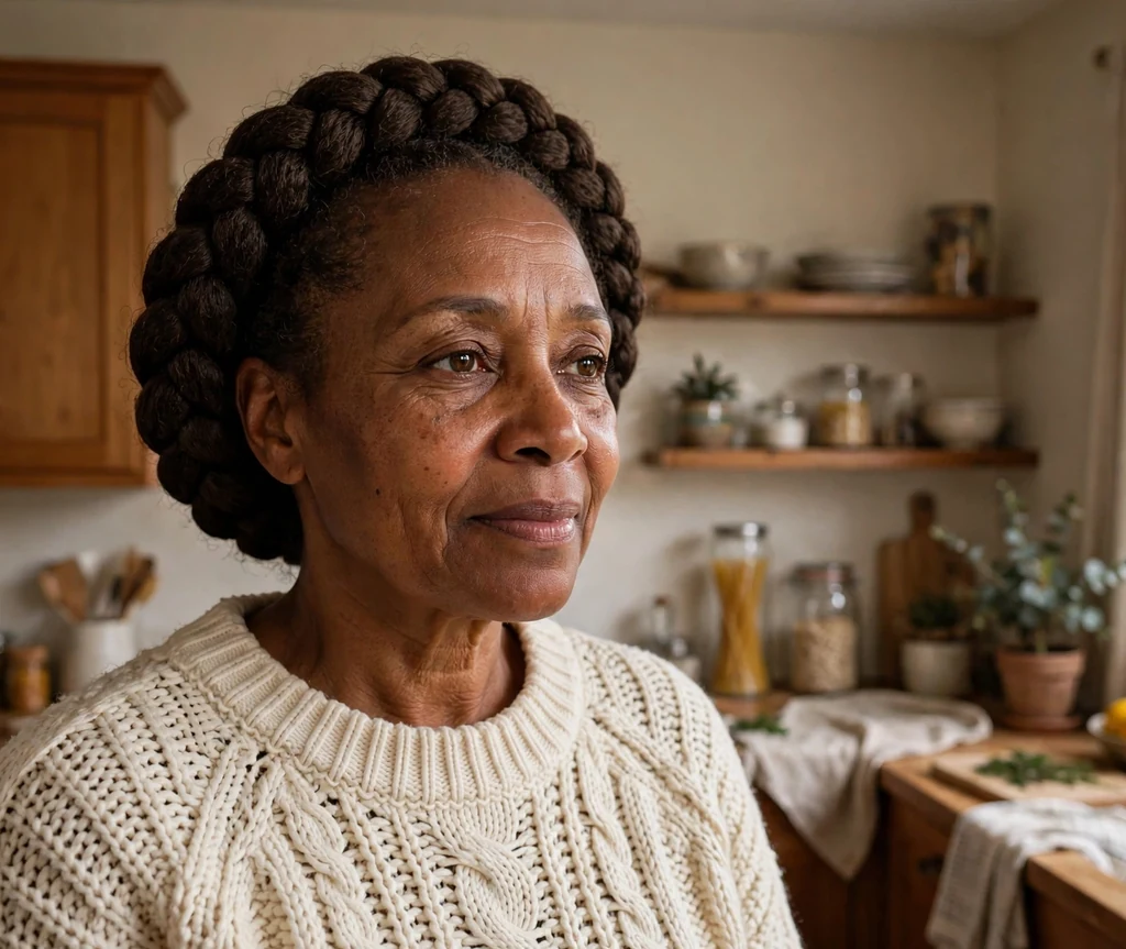 Black woman over 50 with a timeless halo braid in a kitchen