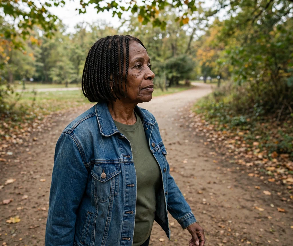 Older Black woman with a short boho braid bob on a park trail