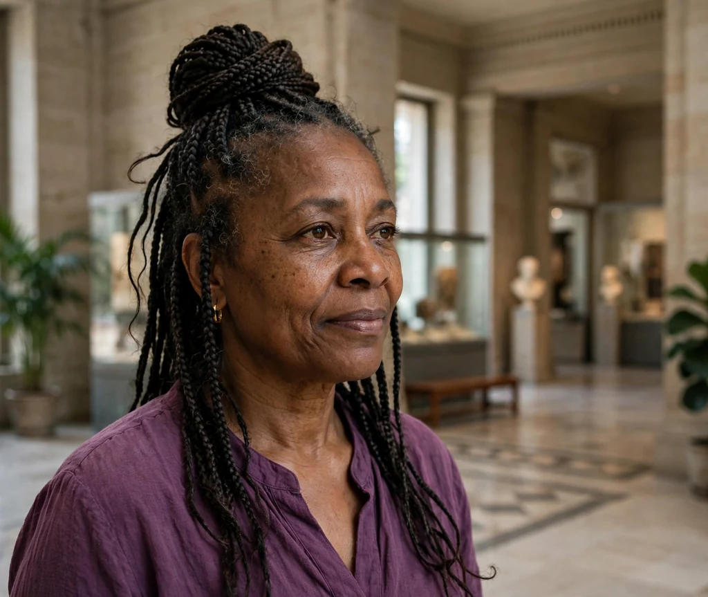 Black woman in her 50s with a braided top bun at a museum