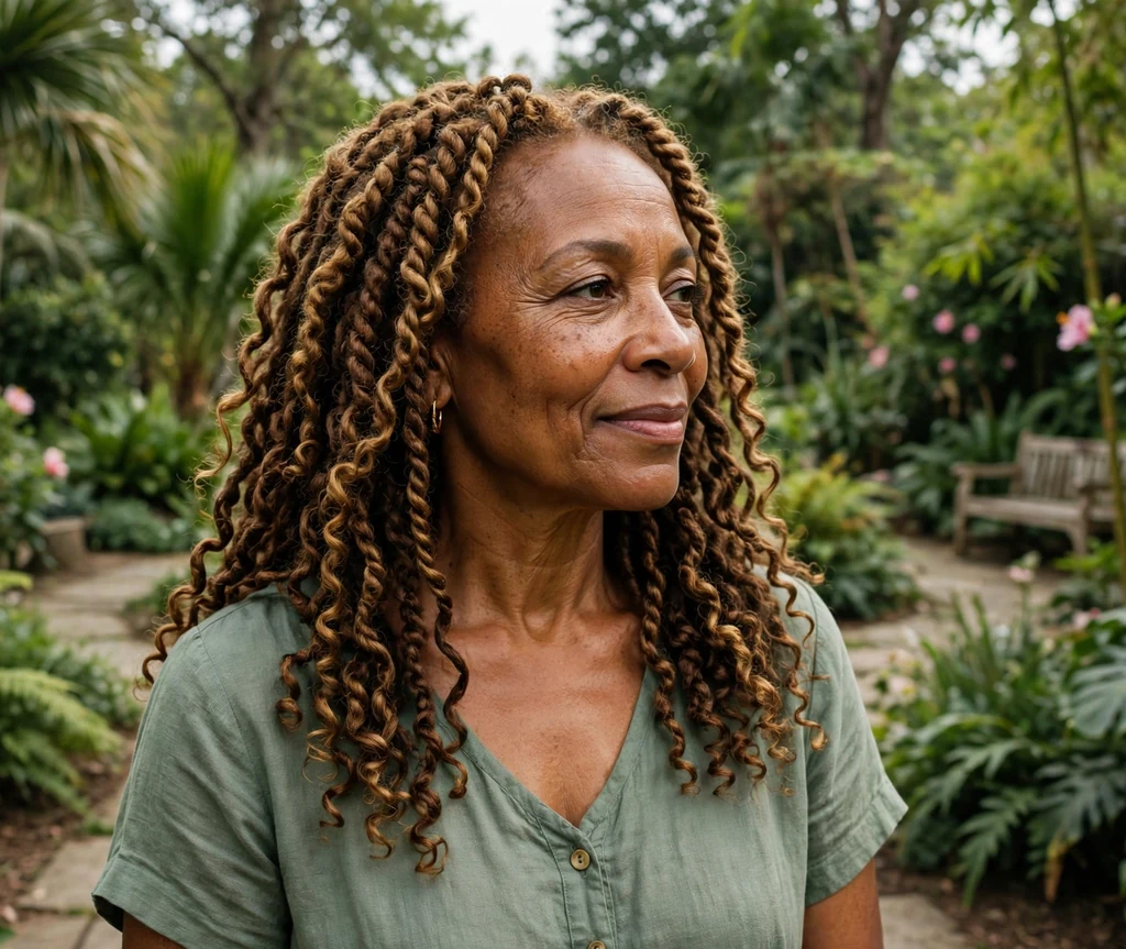 Black woman over 50 with flowing passion twists in a botanical garden