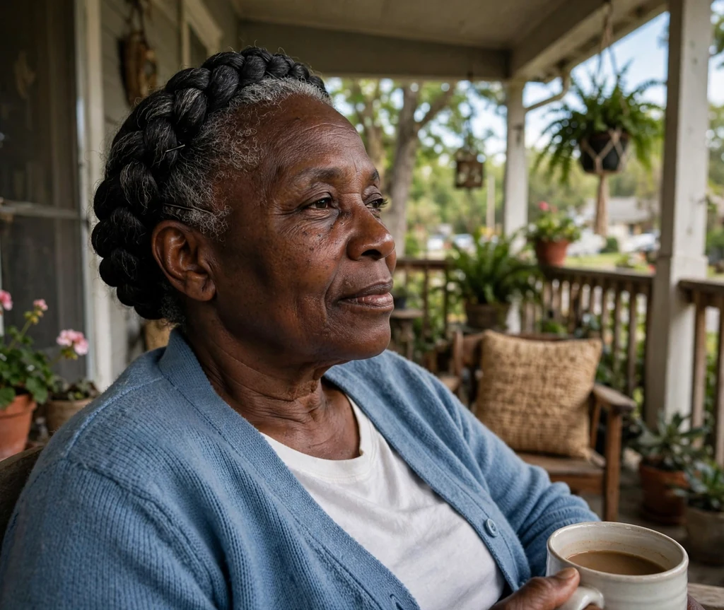 Older Black woman with classic milkmaid braids on a front porch