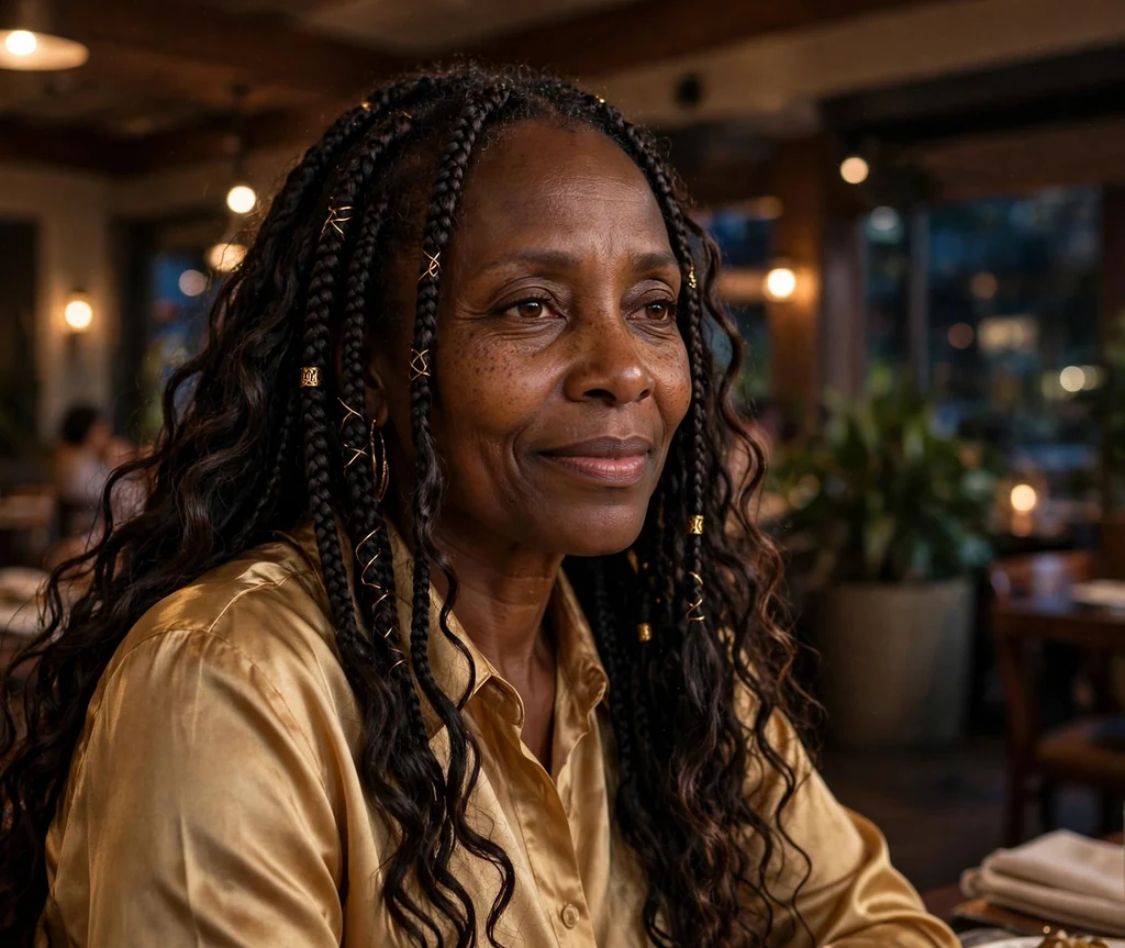 Black woman in her 50s with long goddess braids at an evening restaurant