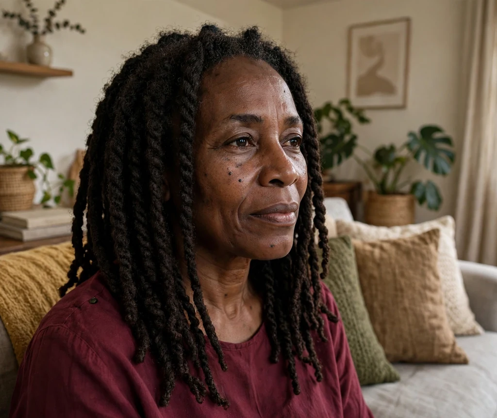 Black woman over 50 with textured Marley twists on a living room couch