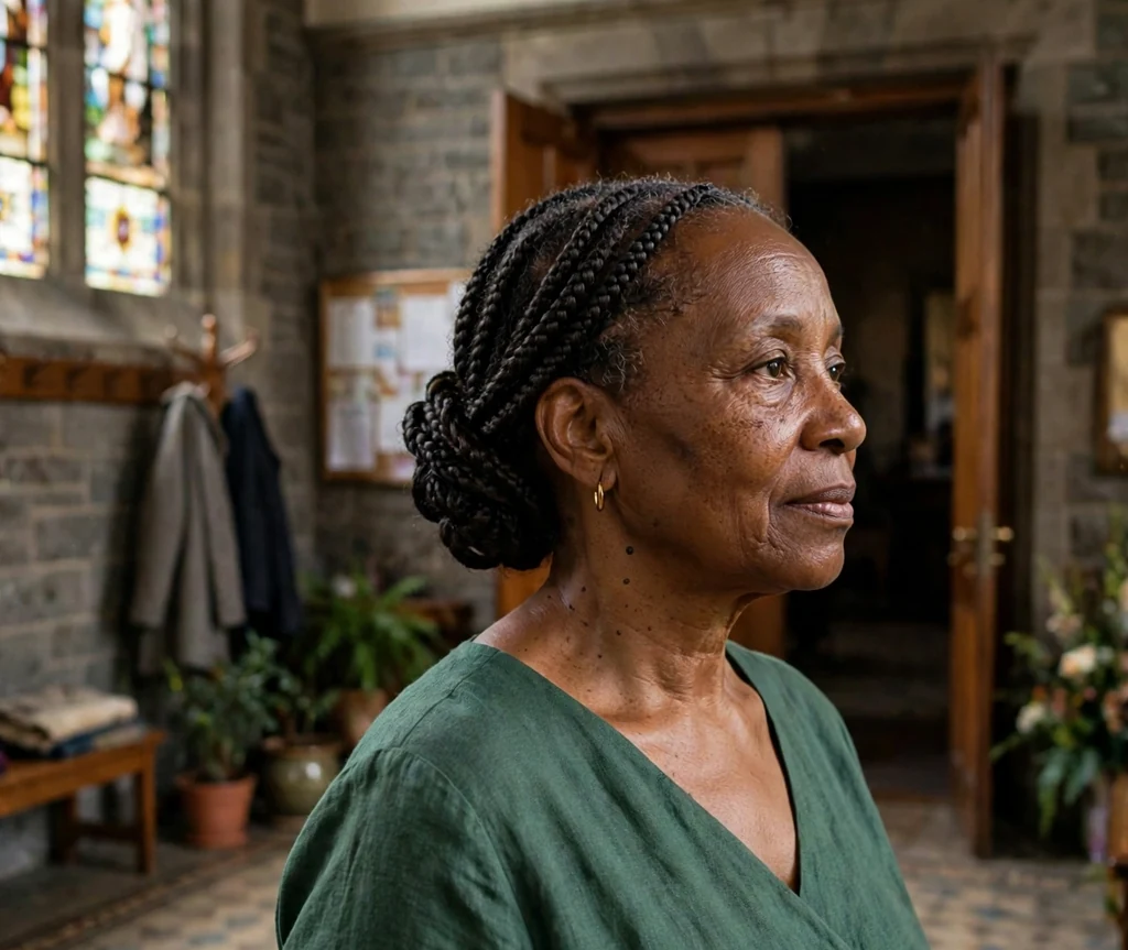 Older Black woman with a braided wrap updo in a church foyer